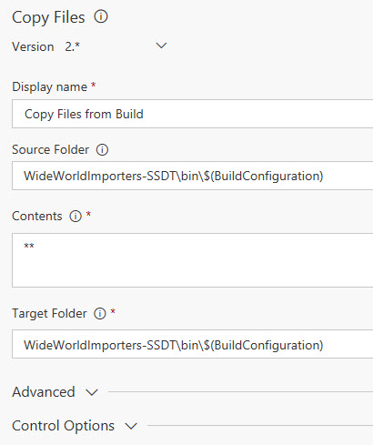 Copy Files displays with the fields set to the previously mentioned settings.